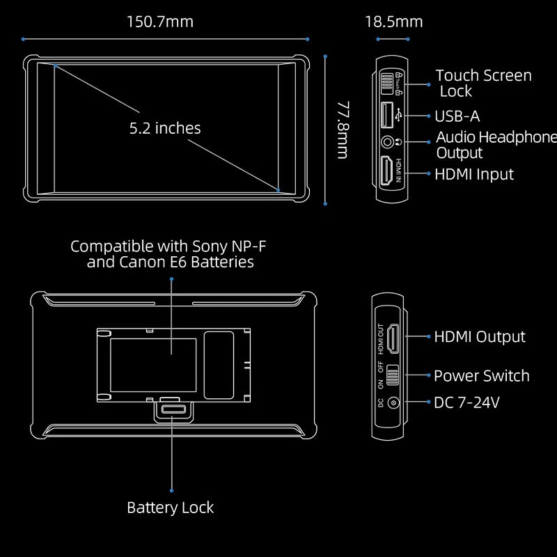 Portkeys-Monitor de transmisión en vivo PT6, pantalla táctil de 5,2 pulgadas, 3D LUT, 600nit, 1080P, 4K-HDMI, pantalla de campo,