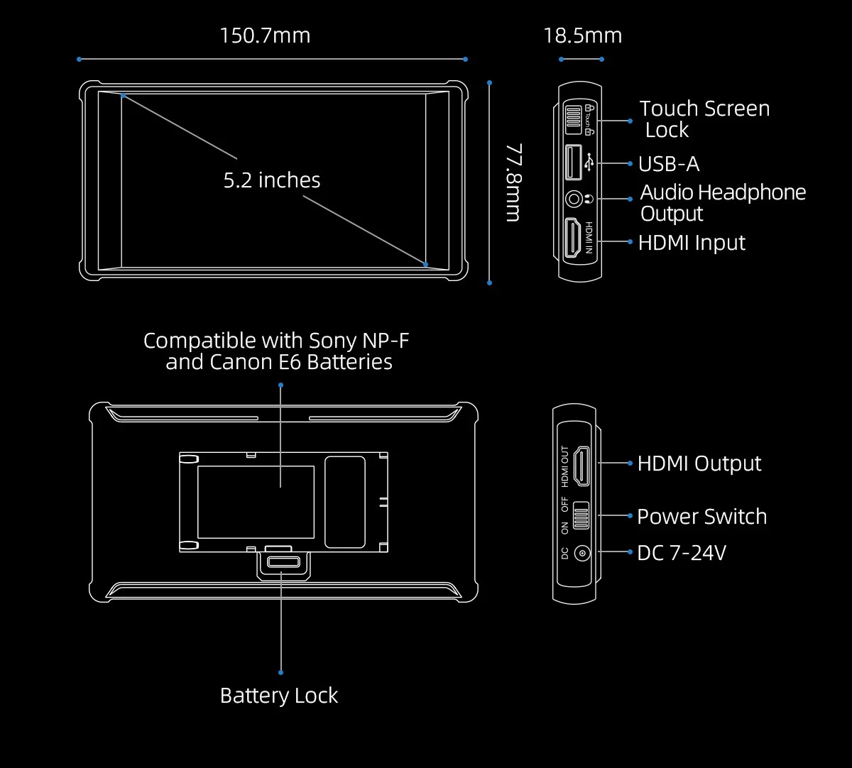 Portkeys-Monitor de transmisión en vivo PT6, pantalla táctil de 5,2 pulgadas, 3D LUT, 600nit, 1080P, 4K-HDMI, pantalla de campo,