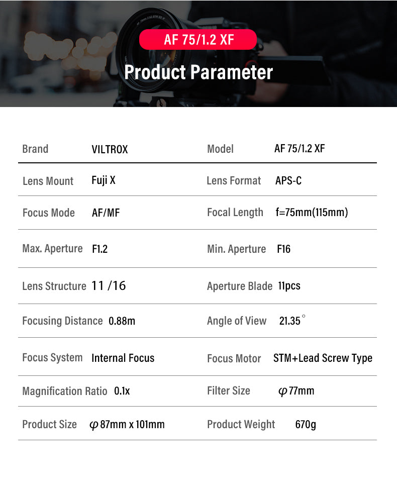 VILTROX 75mm F1.2 Lens Auto Focus Large Aperture Portrait APS-C for Sony E Nikon Z Fuji X Fujifilm Sony Nikon Mount Camera Lens