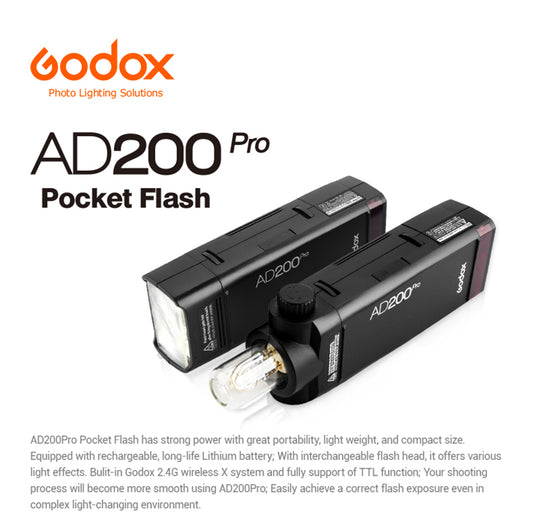 Godox AD200Pro Outdoor Flash Light 200Ws TTL 2.4G 1/8000 HSS 0.01-1.8s Recycling 2900mAh Battery with Xpro Trigger