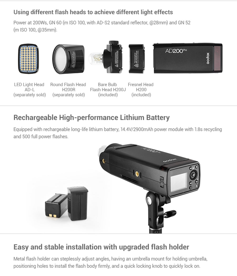 Godox AD200Pro Outdoor Flash Light 200Ws TTL 2.4G 1/8000 HSS 0.01-1.8s Recycling 2900mAh Battery with Xpro Trigger