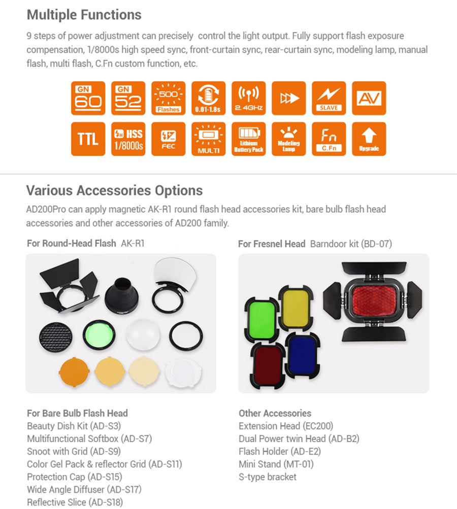 Godox AD200Pro Outdoor Flash Light 200Ws TTL 2.4G 1/8000 HSS 0.01-1.8s Recycling 2900mAh Battery with Xpro Trigger