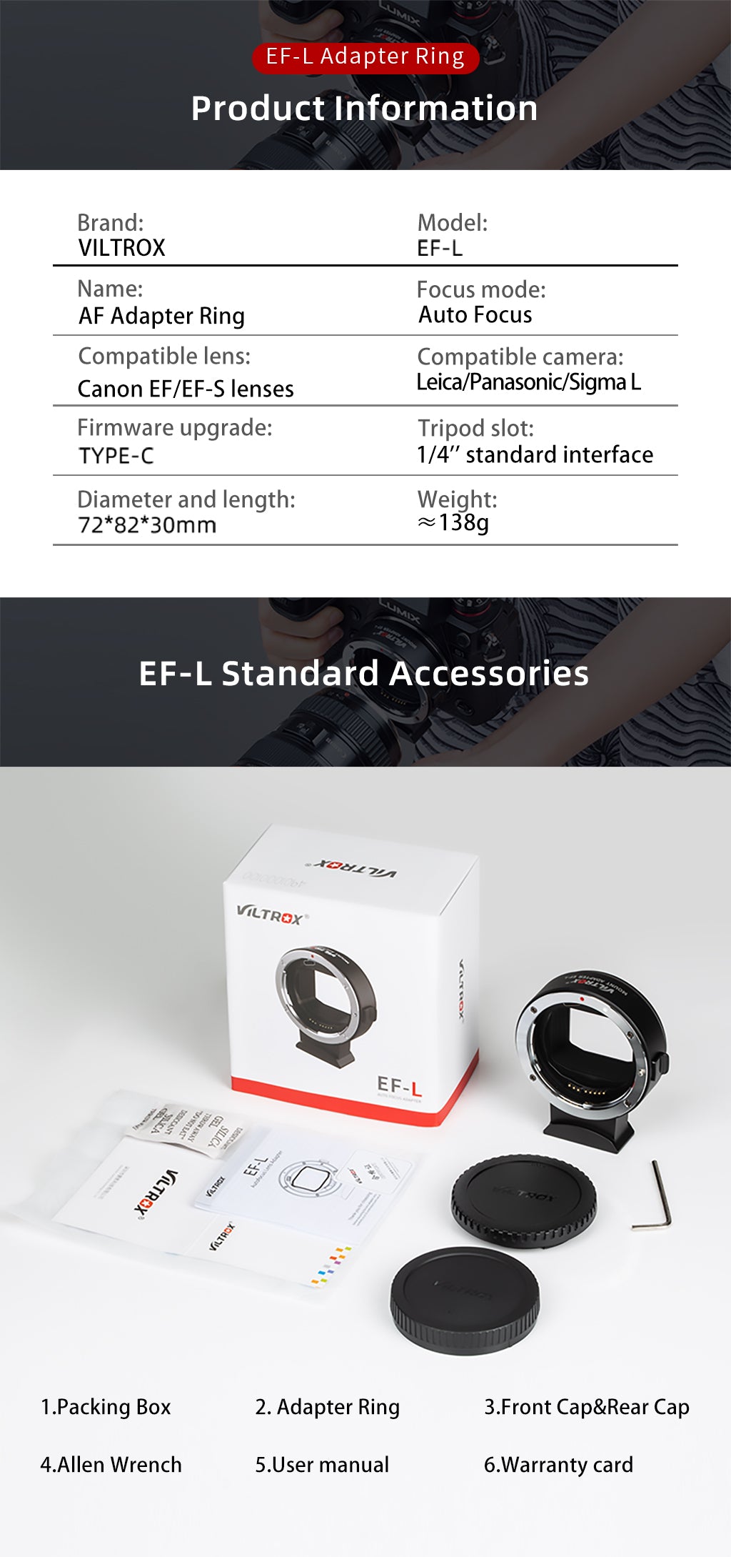 Viltrox EF-L Auto Focus Lens Mount Adapter For Canon EF EF-S Lens to Leica SL2 Panasonic S1 S1R S1H S5 Sigma fp L Mount Camera